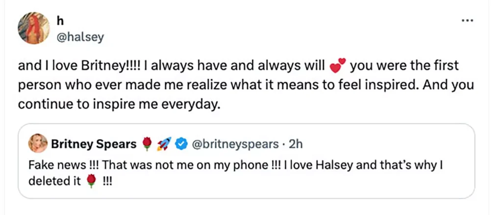 Britney Spears and Halsey's statements on X. (PHOTO: X)