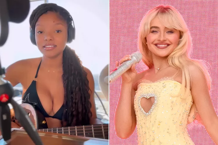 Halle Bailey sings 'Please Please Please'; Sabrina Carpenter. (PHOTO: VIA PEOPLE, HALLE BAILEY/INSTAGRAM; ASTRIDA VALIGORSKY/GETTY)