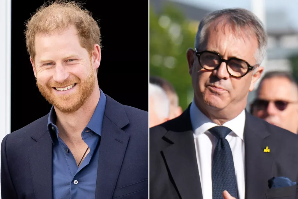 Prince Harry and Dominic Reid at the flag-raising ceremony in Birmingham on July 23, 2024. (PHOTO: VIA PEOPLE, P VAN KATWIJK/GETTY; CHRISTOPHER FURLONG/GETTY)