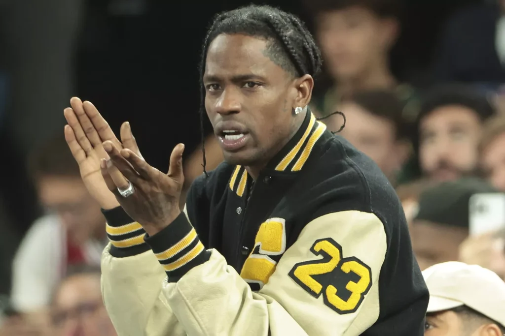 Travis Scott attends the men's basketball semifinal between Team USA and Serbia at the 2024 Paris Olympics on Aug. 8, 2024. (PHOTO: VIA PEOPLE, Jean Catuffe/Getty)