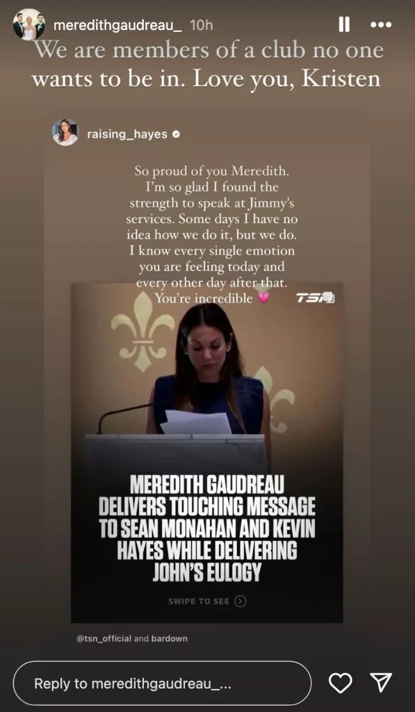 Meredith Gaudreau thanked Jimmy Hayes' widow Kristen for her support. (PHOTO: Meredith Gaudreau/Instagram)