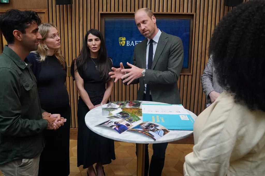 Prince William speaks to people who have benefitted from the Prince William BAFTA Bursary during an event co-hosted by Bafta, and the Royal African Society, at Bafta, in Piccadilly, London, on Oct. 9, 2024.